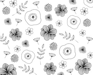 北欧線画花背景（モノクロ）