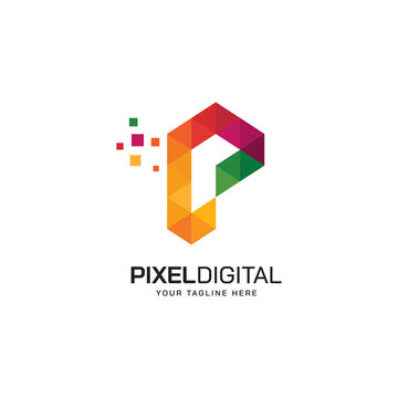 Initial letter P with colorful style logo design digital pixel concept gradient color style for technology