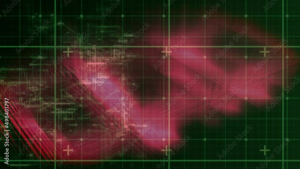 Poster animation of data processing over grid and glowing pink structure