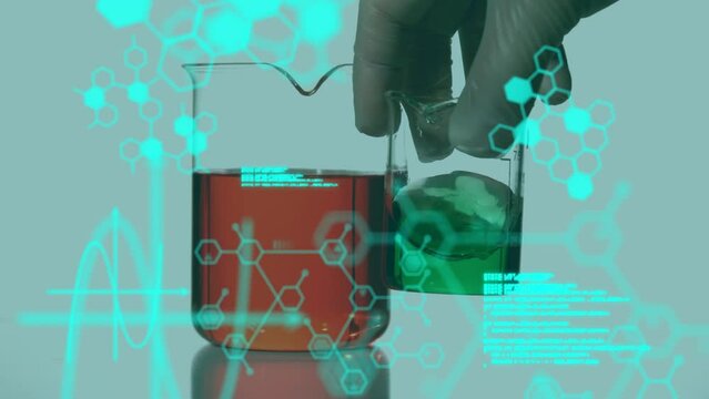 Animation of data processing and chemical formulas over hand of lab worker shaking liquid in glass