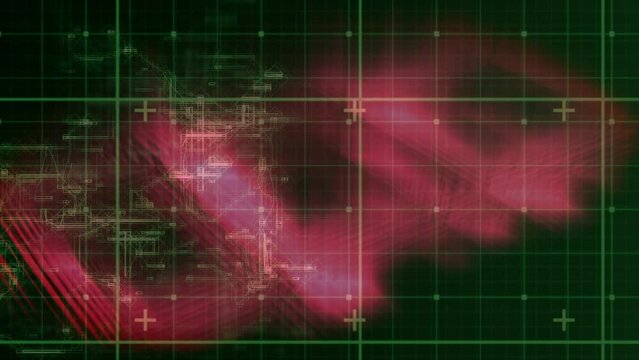 Animation of data processing over grid and glowing pink structure