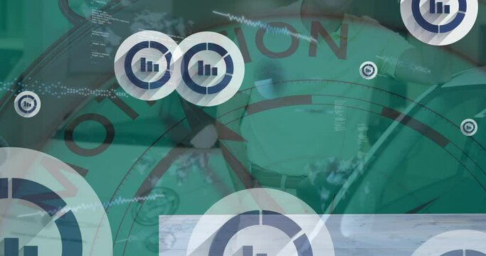 Animation of icons with graphs, barometer with motivation over caucasian man and car