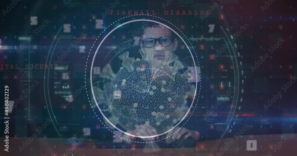 Poster Animation of scope scanning and virus cell over caucasian man using computer