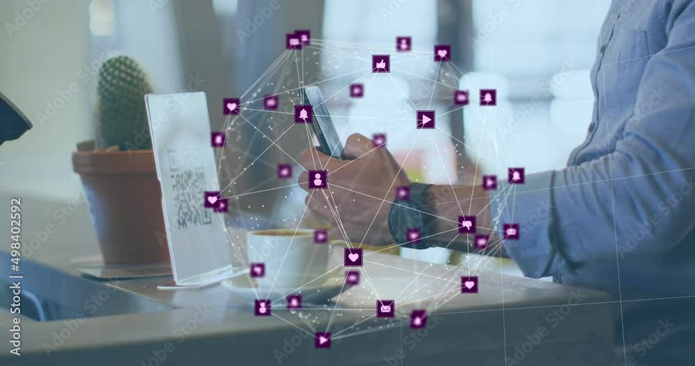 Poster animation of network of connections with icons over caucasian man scanning qr code