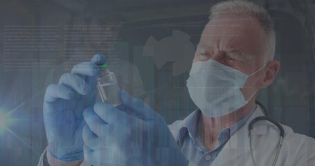 Animation of data processing over caucasian male doctor with face mask holding cure - Powered by Adobe