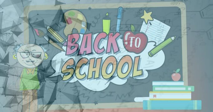 Animation of back to school text and shapes over chemical icons
