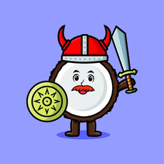 Cute cartoon character Coconut viking pirate with hat and holding sword and shield in cute modern style design 