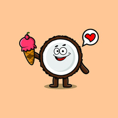 Cute Cartoon Coconut character holding ice cream cone