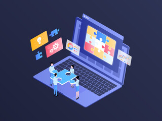 Problem Solving Isometric Illustration Dark Gradient. Suitable for Mobile App, Website, Banner, Diagrams, Infographics, and Other Graphic Assets.