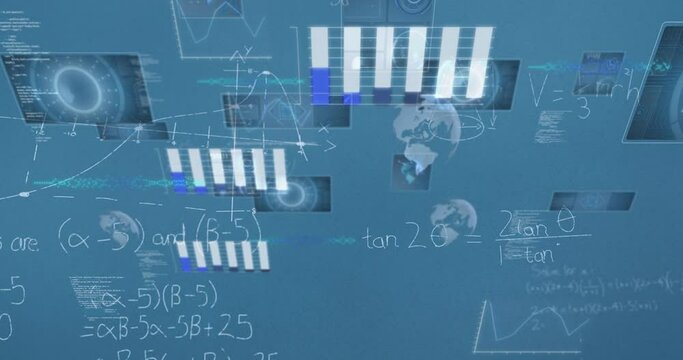 Animation of mathematical equations and data processing on blue background