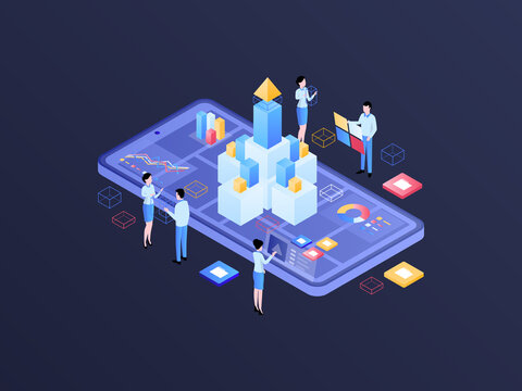 Product Release Isometric Illustration Dark Gradient. Suitable for Mobile App, Website, Banner, Diagrams, Infographics, and Other Graphic Assets.