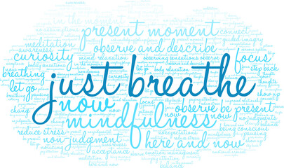 Just Breathe Word Cloud on a white background. 