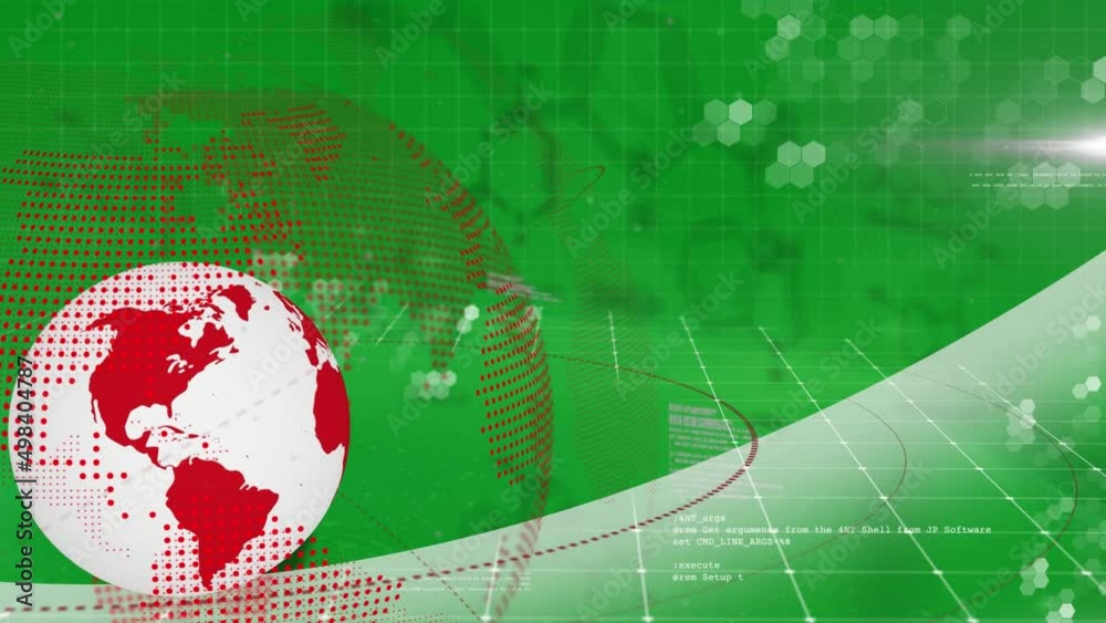 Poster animation of data processing and globe on green background