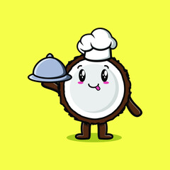 Cute Cartoon chef Coconut mascot character serving food on tray cute style design