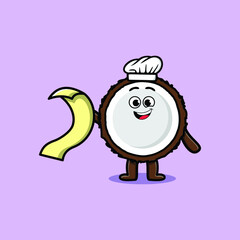 Cute cartoon Coconut chef character with menu in hand
