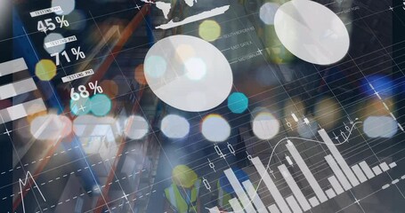 Animation of graphs and financial data over caucasian male warehouse workers - Powered by Adobe