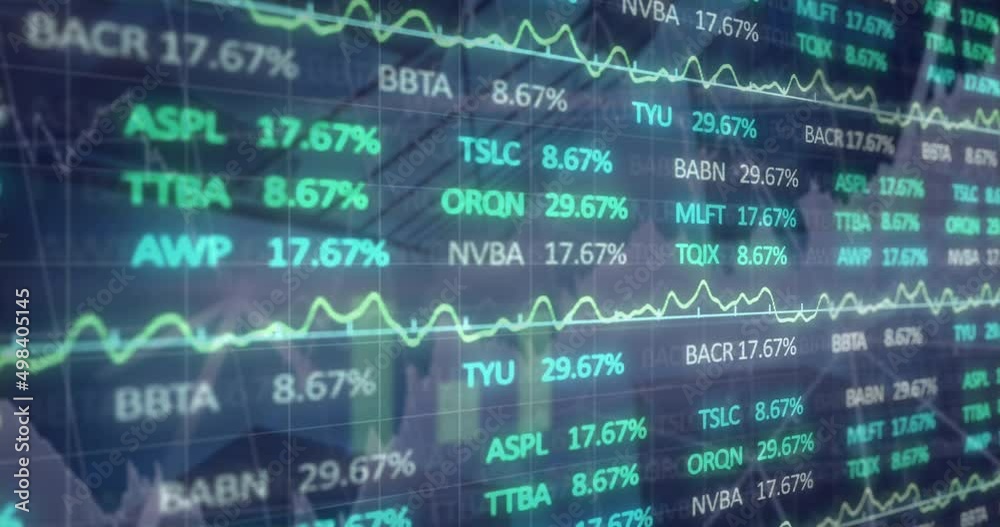 Poster animation of financial data and graphs over architecture