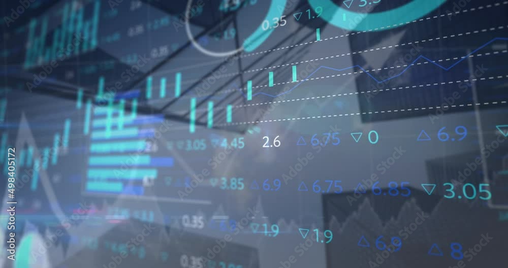 Poster animation of financial data and graphs over architecture