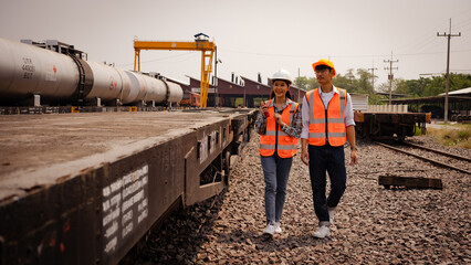 Team engineers are on duty and discussed in the job site of train garage.Rail workers coordinating cargo loading to transport train on the tracks. Railway employees in safety west and helmet talking.