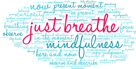 Just Breathe Word Cloud on a white background. 