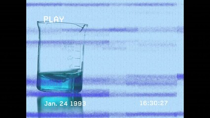 Animation of screen with glitch over lab glass with reagent on blue background - Powered by Adobe
