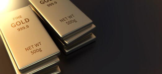 Financial, investment concept gold bar with a dark background. 3d illustration of safe assets.