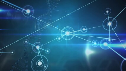 Animation of network of connections over dna strand and light trails on black background - Powered by Adobe