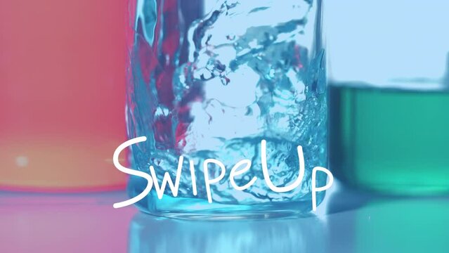 Animation of swipe up over reagent pouring into lab glass on blue background