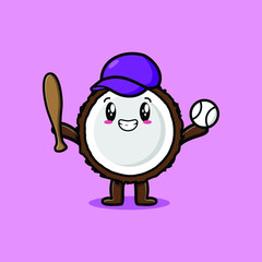 Cute cartoon Coconut character playing baseball in modern style design