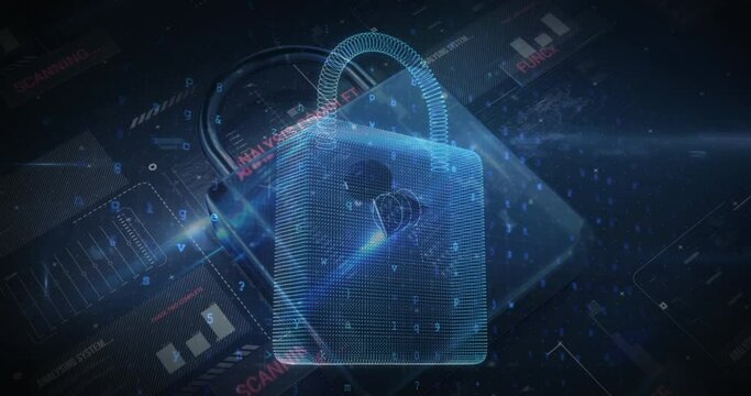 Animation of warning data processing, online security padlock and circuit board
