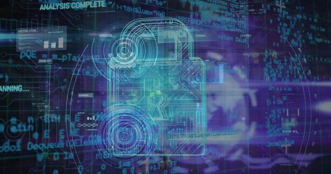 Animation of data processing, online security padlock and circuit board