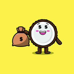 Cute cartoon Crazy rich Coconut with money bag shaped funny in modern design