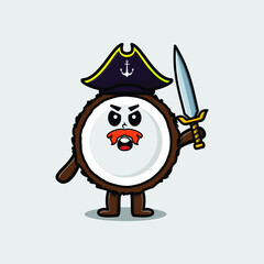 Cute cartoon mascot character Coconut pirate with hat and holding sword in modern design