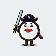 Cute cartoon mascot character Coconut pirate with hat and holding sword in modern design