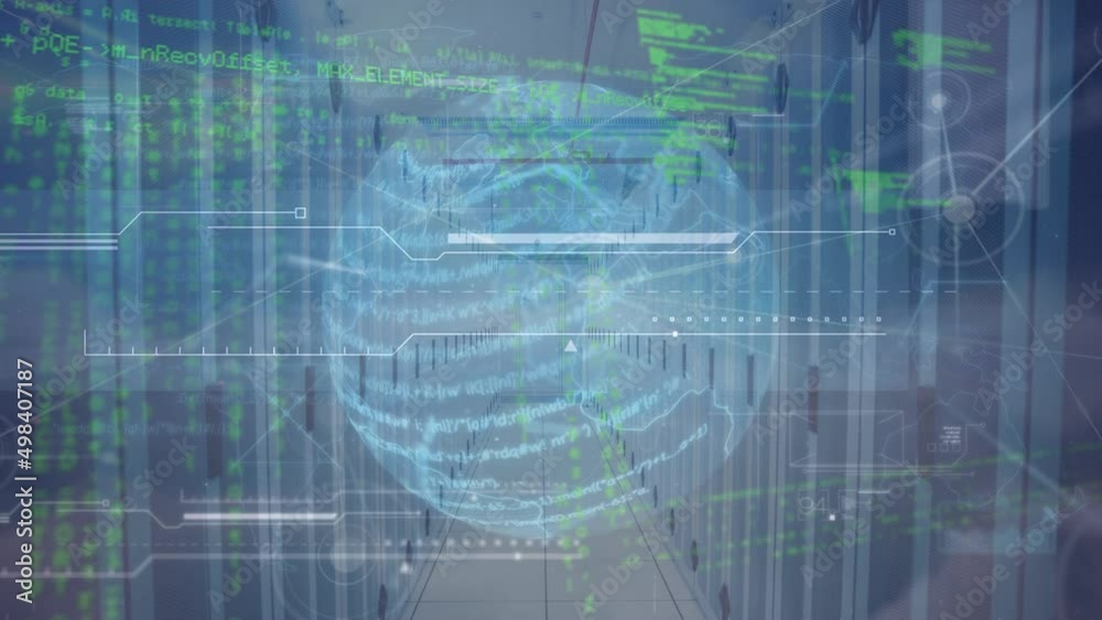 Poster animation of connections, data processing and globe rotating over servers