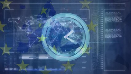 Animation of diverse data, clock and european union flag over caucasian woman wearing vr headset - Powered by Adobe