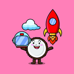 Cute mascot cartoon character Coconut as astronaut with rocket, helm, and cloud in cute style 
