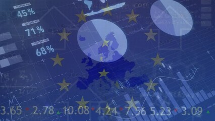 Animation of diverse financial data and graphs over european union flag and world map - Powered by Adobe