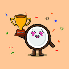 Cute Cartoon character illustration of Coconut is holding up the golden trophy with happy gesture, cute modern style design