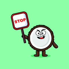 Cute Cartoon mascot illustration Coconut with stop sign board vector drawing cute modern style design 