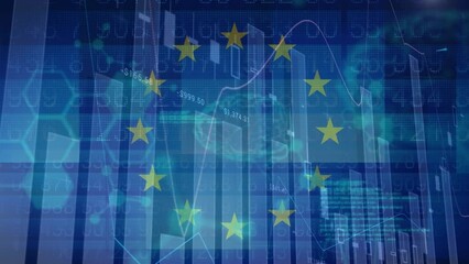 Animation of diverse financial and scientific data and graphs over european union flag - Powered by Adobe