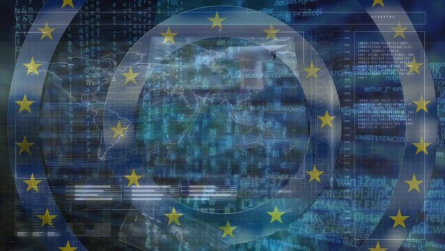 Animation of circles with eu flag over world map and data processing