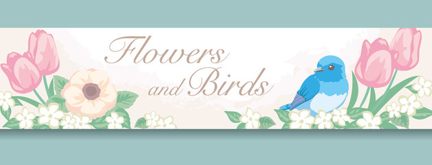 お花と鳥のフレーム、バナー。ベクターイラスト素材