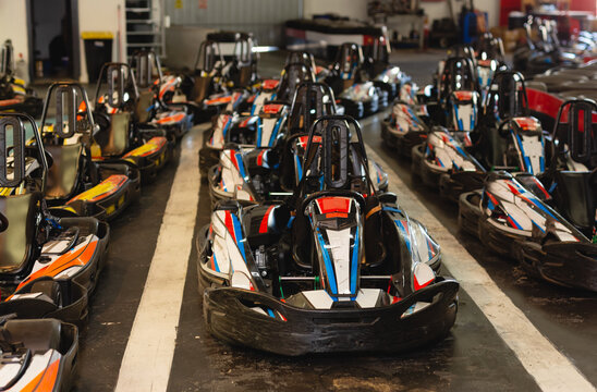 Picture of driving cars for motor racing in sport club indoor, nobody