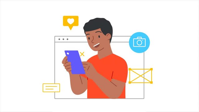 Video call or online communication concept. Young moving man looks out of digital window, communicates with friends remotely and looks at photos on smartphone. Graphic animated cartoon in doodle style