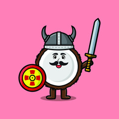 Cute cartoon character Coconut viking pirate with hat and holding sword and shield in cute modern style design 