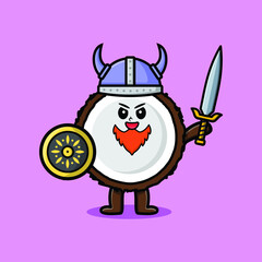 Cute cartoon character Coconut viking pirate with hat and holding sword and shield in cute modern style design 