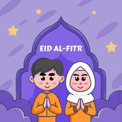 Cute cartoon illustration of Muslim boys and girls, happy to welcome Eid al-Fitr Ramadan for banners, pamphlets, stickers