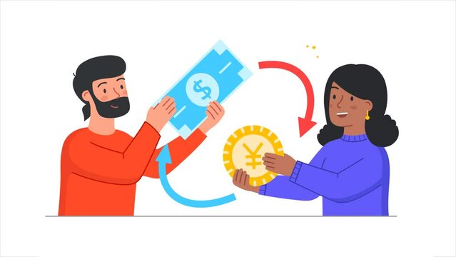 Global economy video concept. Young moving man and woman exchange different currencies and invest. US Dollar and Chinese Yuan. Currency purchase and sale rate. Graphic animated cartoon in doodle style
