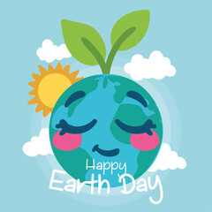 Cute earth planet cartoon with a sun Happy earth day Vector